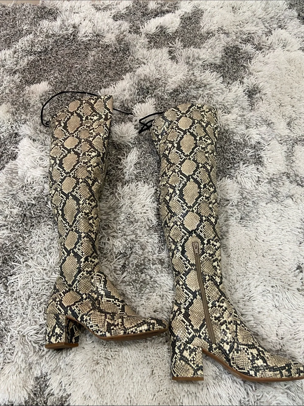 Gianni Bini Snake-Print Over-the-Knee Boots in Beige and Black. Size 7